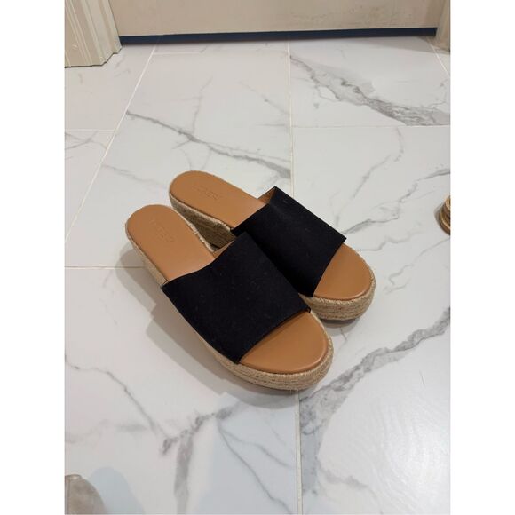 J Crew Canvas Espadrille Wedge Platform Black Strap Mules - Picture 1 of 5